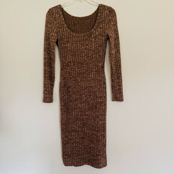Shein Womens Ribbed Scoop Neck Midi Split Thigh Bodycon Brown Dress Sz XS - Picture 3 of 9